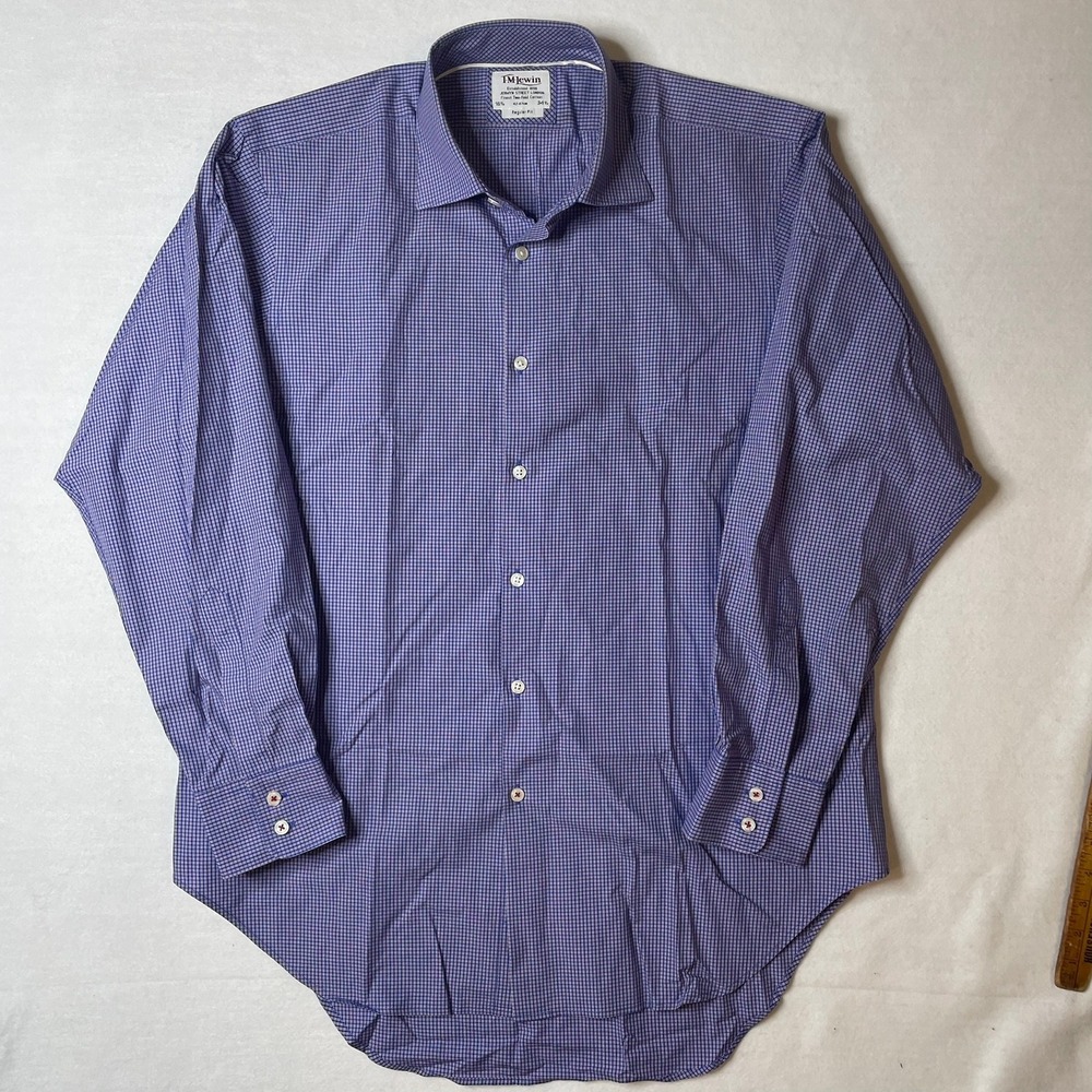 TM Lewin‎ Mens Dress Shirt 16.5 34.5 Blue Checkered Long Sleeve Button